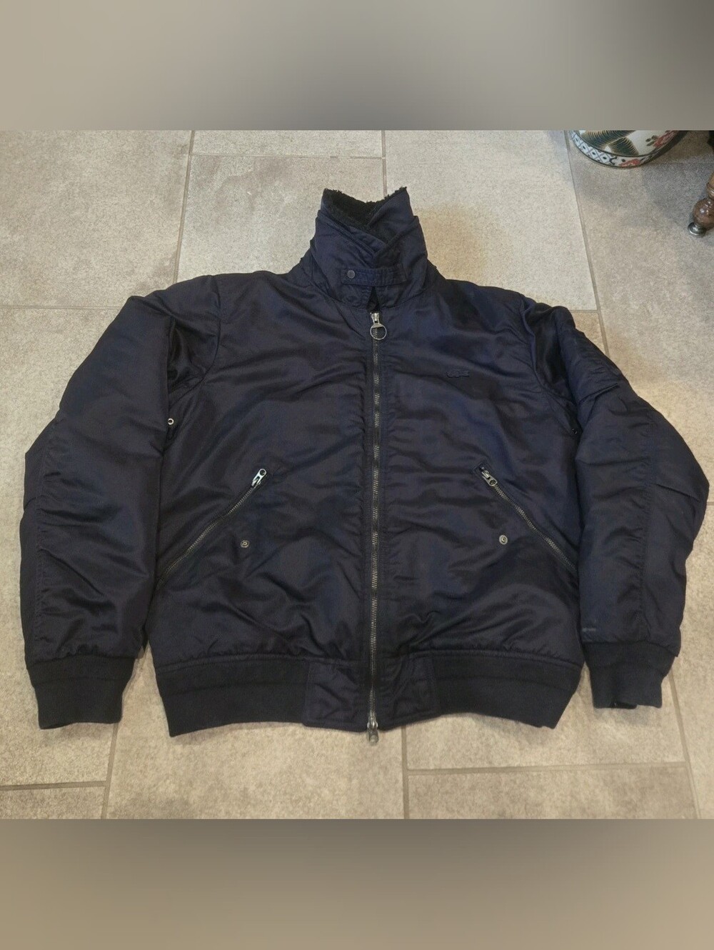 Lacoste Navy Padded Bomber Jacket Sherpa Collar S/M